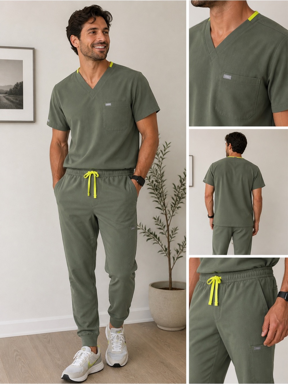FIGS Men’s XL Scrub Set – Olive Green with Neon Yellow Drawstring